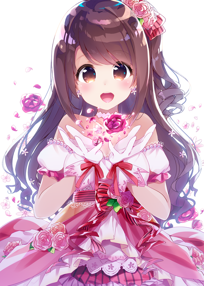 1girl :d bangs bare_shoulders brown_eyes brown_hair chikuwa. commentary_request cover cover_page dress flower gloves hair_flower hair_ornament idolmaster idolmaster_cinderella_girls idolmaster_cinderella_girls_starlight_stage long_hair looking_at_viewer off-shoulder_dress off_shoulder one_side_up open_mouth pink_dress pink_gloves rose shimamura_uzuki simple_background smile solo swept_bangs upper_body white_background