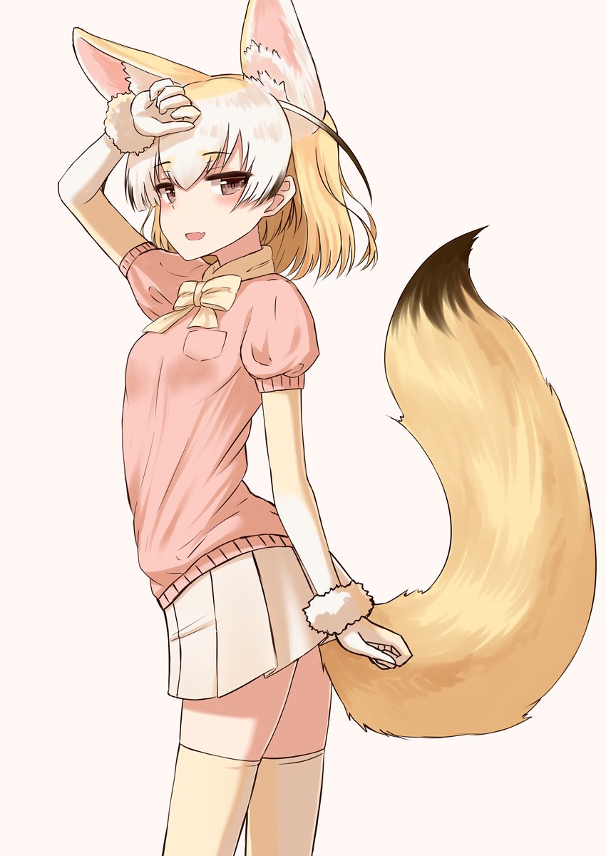1girl animal_ears blonde_hair blush bow bowtie brown_eyes contrapposto cowboy_shot fang fennec_(kemono_friends) fox_ears fox_tail gloves highres kemono_friends looking_at_viewer multicolored_hair open_mouth pleated_skirt rabochicken short_hair short_sleeve_sweater short_sleeves simple_background skirt smile solo tail thigh-highs white_skirt zettai_ryouiki