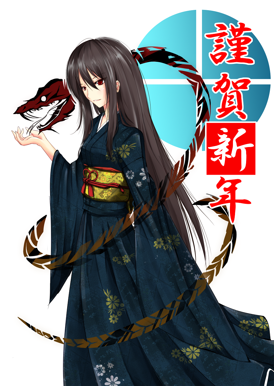 1girl black_hair commentary_request eyebrows_visible_through_hair gensouki highres japanese_clothes kimono long_hair long_sleeves looking_to_the_side obi open_mouth original red_eyes sash snake solo white_background
