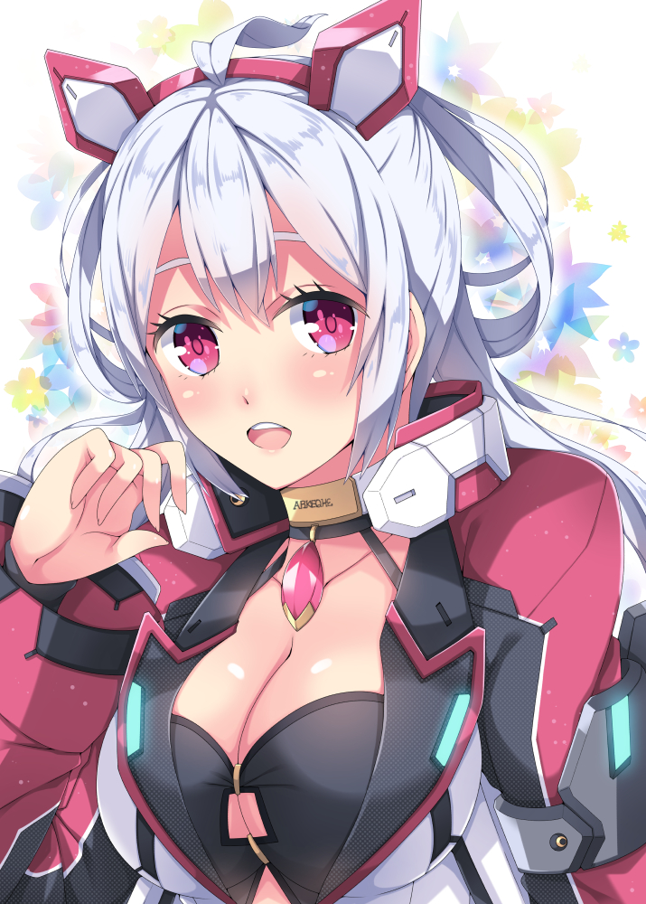 1girl ahoge black_bra bra breasts cleavage cleavage_cutout collarbone floating_hair hair_between_eyes hairband jewelry large_breasts long_hair looking_at_viewer matoi_(pso2) milkpanda necklace open_mouth phantasy_star phantasy_star_online_2 red_eyes red_hairband silver_hair solo underwear upper_body