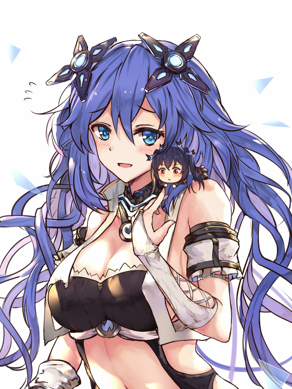 2girls :d :o arm_strap bare_shoulders black_hair blue_eyes blush breasts bridal_gauntlets chibi cleavage crop_top large_breasts long_hair multiple_girls navel neptune_(series) next_purple noire on_shoulder open_clothes open_mouth open_vest power_symbol purple_hair purple_heart red_eyes shin_jigen_game_neptune_vii simple_background smile symbol-shaped_pupils twintails upper_body very_long_hair vest white_background white_crow white_vest