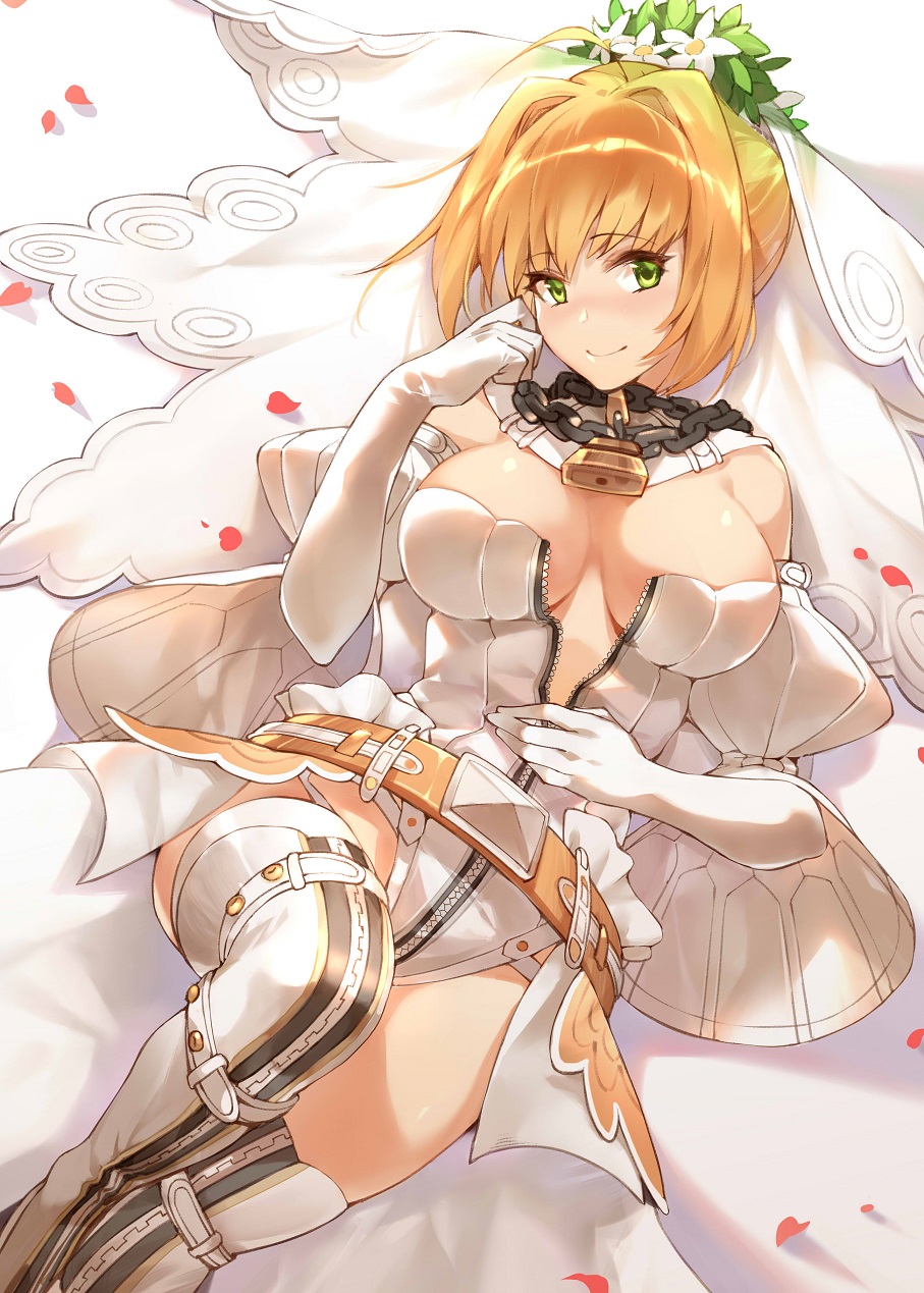 1girl ahoge blonde_hair bodysuit bridal_veil chains fate/extra fate/extra_ccc fate_(series) green_eyes hair_intakes hana_mori highres knee_up leotard lock lying on_back partially_unzipped saber_bride saber_extra solo thigh-highs veil white_legwear white_leotard