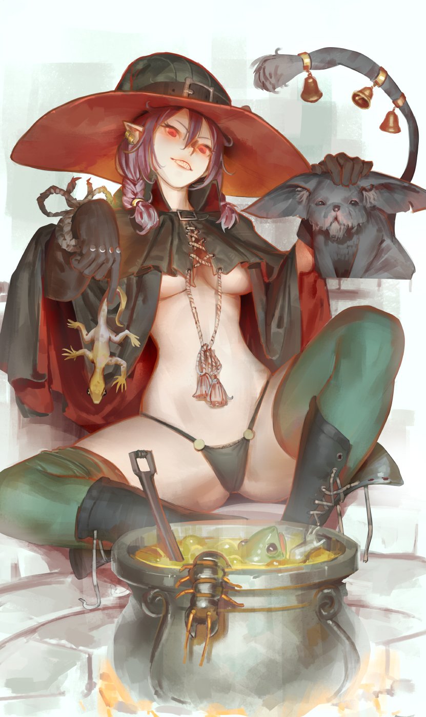 1girl bell black_panties boots breasts cauldron centipede cloak earrings frog gloves green_legwear grin hat highres jewelry lizard midriff original panties pink_hair purple_hair red_eyes sharp_teeth smile solo spread_legs tail teeth thigh-highs tim_loechner twintails under_boob underwear witch witch_hat