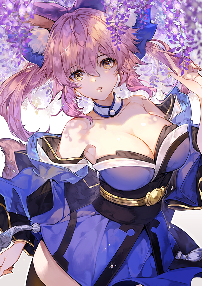 1girl animal_ears bare_shoulders bow breasts collar detached_sleeves fate/extra fate_(series) flowerchorus fox_ears hair_bow japanese_clothes kimono large_breasts obi pink_hair sash strapless tamamo_(fate)_(all) tamamo_no_mae_(fate) twintails