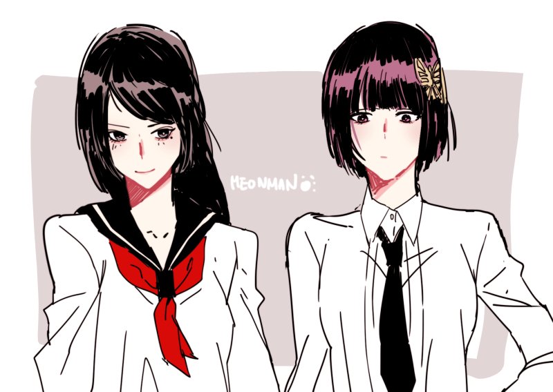 2girls artist_name black_hair character_request hair_ornament multiple_girls necktie sailor_collar school_uniform