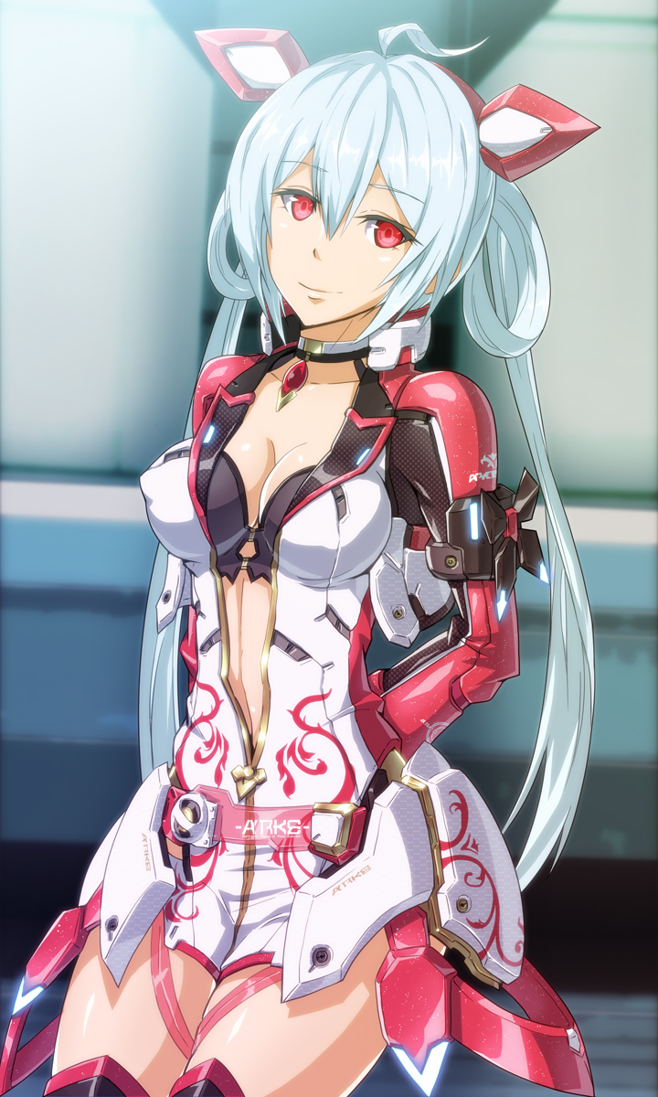 1girl ahoge arms_behind_back black_bra bra breasts cleavage collarbone cowboy_shot eyebrows_visible_through_hair hair_between_eyes hairband highres jewelry long_hair looking_at_viewer matoi_(pso2) medium_breasts nandz necklace partially_unzipped phantasy_star phantasy_star_online_2 red_eyes red_hairband silver_hair smile solo thigh-highs twintails underwear very_long_hair