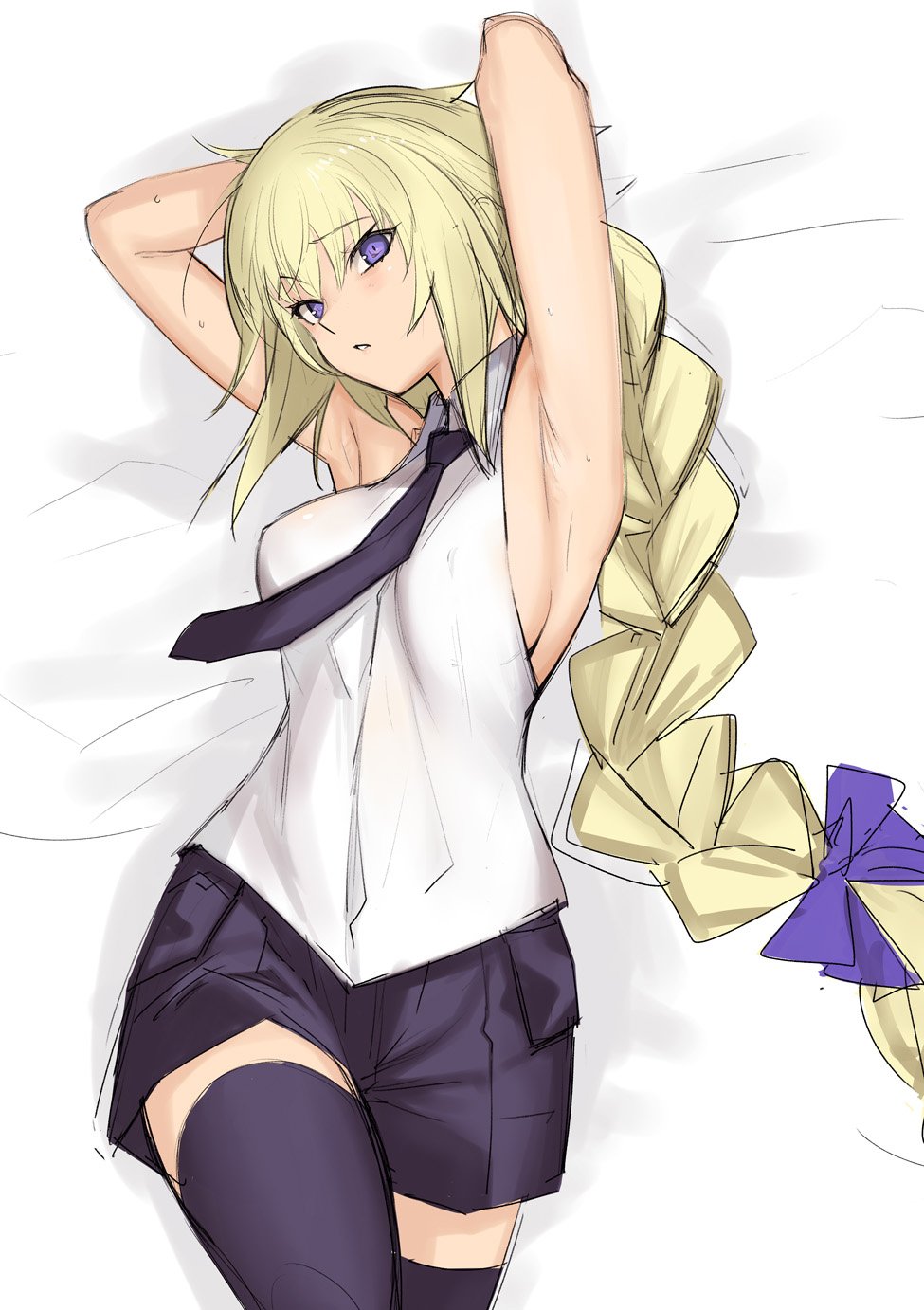 1girl armpits bangs bare_arms bare_shoulders blonde_hair blush braid breasts collared_vest eyebrows_visible_through_hair fate/apocrypha fate_(series) hair_between_eyes hair_ribbon highres long_hair looking_at_viewer lying medium_breasts necktie on_back parted_lips pleated_skirt purple_legwear purple_neckwear purple_skirt ribbon ruler_(fate/apocrypha) sideboob single_braid sketch skirt solo sweat tetsu_(kimuchi) thigh-highs tress_ribbon very_long_hair vest violet_eyes white_vest