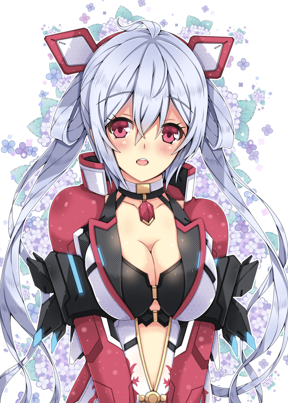 1girl ahoge black_bra blush bra breasts choker cleavage collarbone eyebrows_visible_through_hair floating_hair gem hair_between_eyes hairband highres large_breasts long_hair looking_at_viewer matoi_(pso2) milkpanda navel open_mouth phantasy_star phantasy_star_online_2 red_eyes red_hairband silver_hair simple_background solo underwear unzipped upper_body very_long_hair white_background