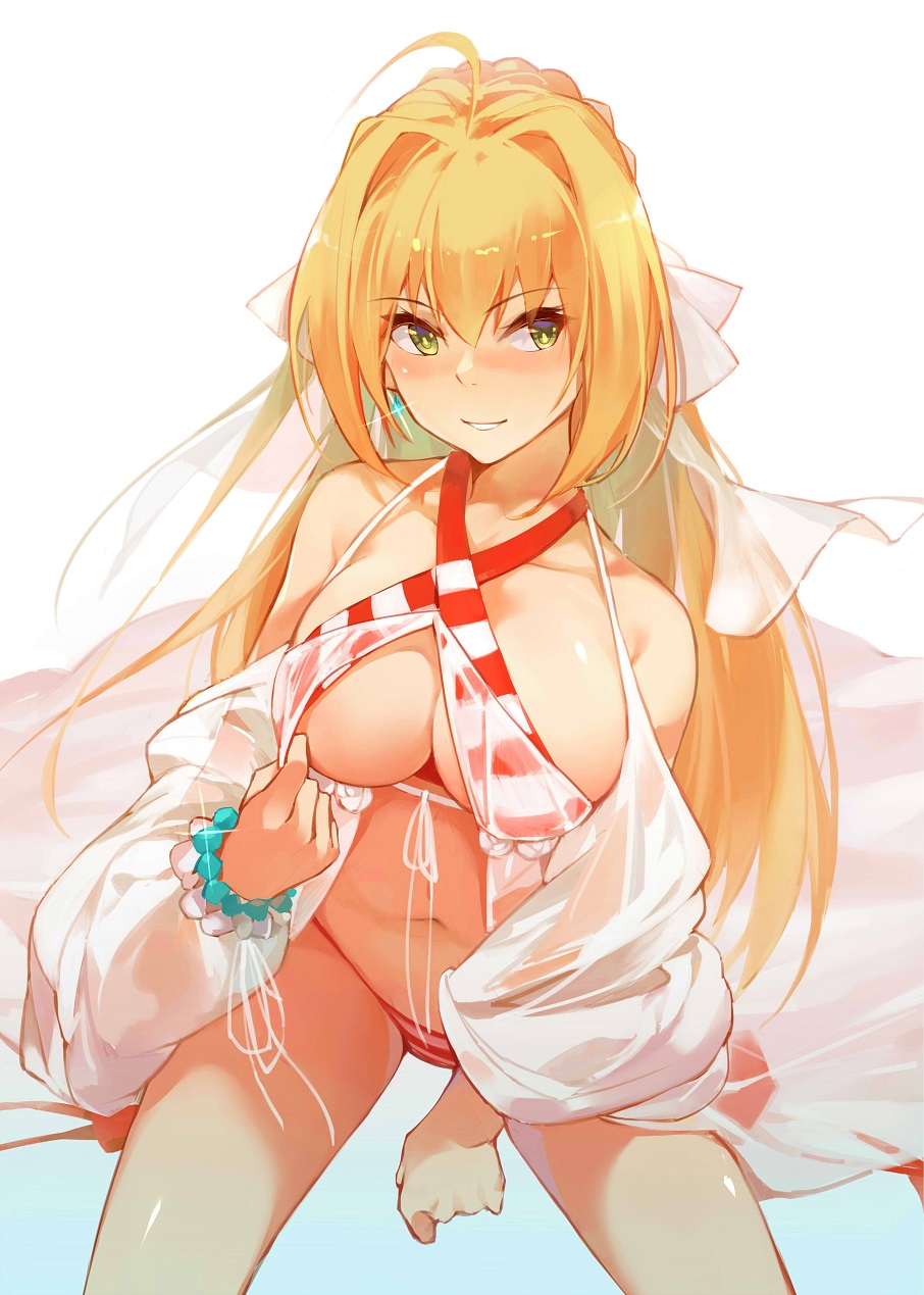 &gt;:) 1girl ahoge bare_shoulders between_legs bikini braid breasts cleavage closed_mouth cowboy_shot criss-cross_halter fate/grand_order fate_(series) front-tie_top glint green_eyes hair_between_eyes hair_intakes hair_ribbon halterneck hana_mori hand_between_legs highres jewelry large_breasts long_hair navel nero_claudius_(swimsuit_caster)_(fate) ribbon saber_extra simple_background single_earring smile solo striped striped_bikini swimsuit v-shaped_eyebrows white_background wide_sleeves