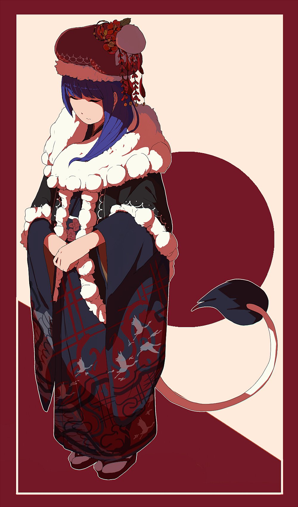 1girl alternate_costume animal_print bird_print blue_hair closed_eyes closed_mouth doremy_sweet flower full_body hat hat_flower highres japanese_clothes kimono long_hair long_sleeves pom_pom_(clothes) red_flower red_hat sandals shishi_osamu solo standing tabi tail tapir_tail touhou white_legwear wide_sleeves