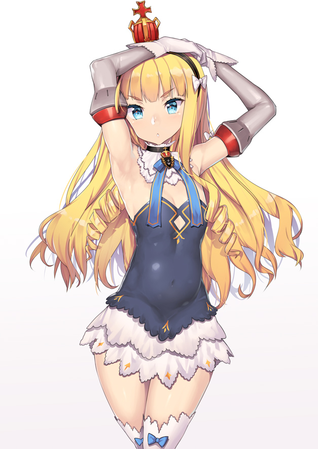 &gt;:o 1girl anchor_symbol armpits arms_up azur_lane bangs bare_shoulders blonde_hair blue_dress blue_eyes breasts cleavage covered_navel cowboy_shot cross crown detached_collar detached_sleeves dress eyebrows_visible_through_hair gloves hair_ribbon headband long_hair looking_at_viewer mini_crown nagase_haruhito parted_lips queen_elizabeth_(azur_lane) ribbon ringlets sidelocks simple_background skirt small_breasts solo thigh-highs v-shaped_eyebrows wavy_hair white_background white_gloves white_legwear white_skirt zettai_ryouiki