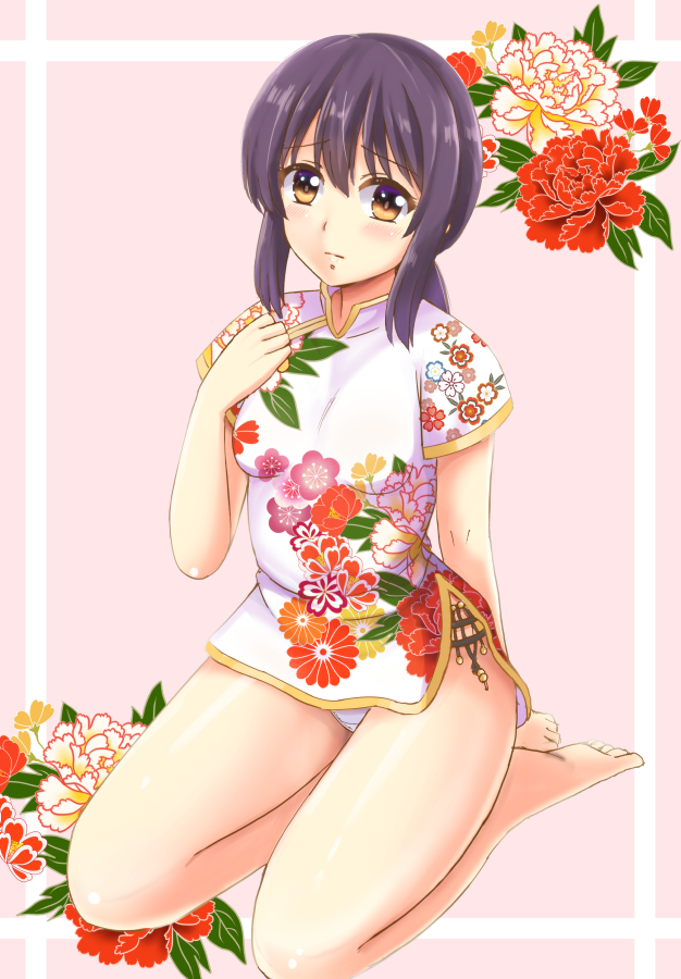 1girl barefoot black_hair brown_eyes china_dress chinese_clothes dress floral_print flower fubuki_(kantai_collection) full_body kantai_collection long_hair low_ponytail ookawa_wataru panties pantyshot ponytail short_ponytail sidelocks sitting solo underwear white_dress white_panties yokozuwari