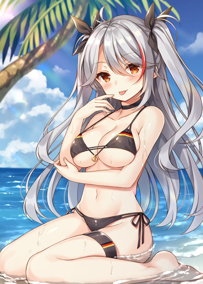 1girl azur_lane bare_arms bare_shoulders barefoot bikini black_bikini black_ribbon blue_sky breasts choker cleavage clouds day hair_between_eyes hair_ribbon halter_top halterneck large_breasts long_hair looking_at_viewer nagisa3710 navel orange_eyes outdoors palm_tree prinz_eugen_(azur_lane) ribbon side-tie_bikini silver_hair sitting sky smile solo string_bikini summer swimsuit thigh_strap tongue tongue_out tree very_long_hair wariza wet