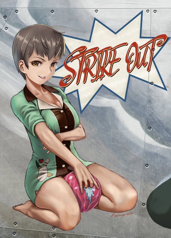 1girl :p abazu-red ball bangs barefoot bowling_ball bowling_pin breasts brown_eyes brown_hair cleavage commentary_request dress english freckles full_body girls_und_panzer green_dress looking_at_viewer medium_breasts naomi_(girls_und_panzer) parted_lips seiza short_dress short_hair short_sleeves sitting solo tongue tongue_out twitter_username very_short_hair