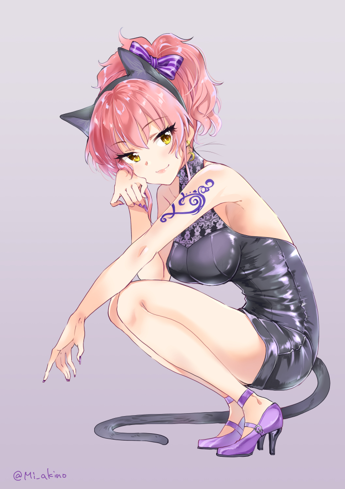 1girl animal_ears arm_tattoo bare_shoulders black_dress bow breasts cat_ears cat_tail dress eyelashes fake_animal_ears from_side full_body grey_background hair_bow halterneck high_heels idolmaster idolmaster_cinderella_girls jougasaki_mika large_breasts looking_at_viewer miyabi_akino nail_polish open-back_dress pink_hair purple_footwear purple_nails shiny shiny_clothes shiny_hair short_dress simple_background smile solo squatting tail tattoo tribal_tattoo yellow_eyes