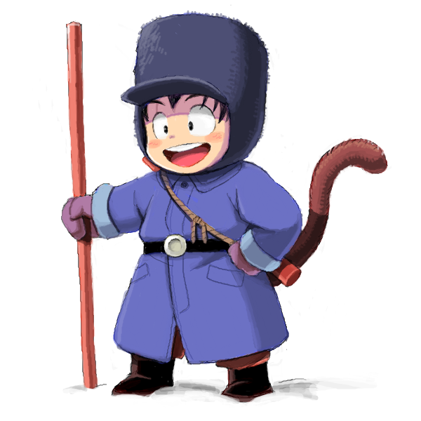 1boy :d belt black_eyes black_hair blush_stickers boots child coat dragon_ball gloves hand_on_hip happy hat looking_away male_focus nyoibo open_mouth shueisha simple_background smile snow son_gokuu standing tail toei_animation togatsuko white_background winter_clothes young