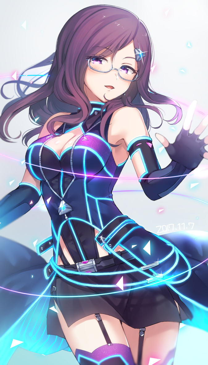 1girl blue_eyes blurry blush breasts brown_hair cleavage depth_of_field elbow_gloves fingerless_gloves garter_straps glasses gloves idolmaster idolmaster_cinderella_girls idolmaster_cinderella_girls_starlight_stage juugonichi_(wheeliex2) long_hair looking_at_viewer medium_breasts solo thigh-highs yagami_makino
