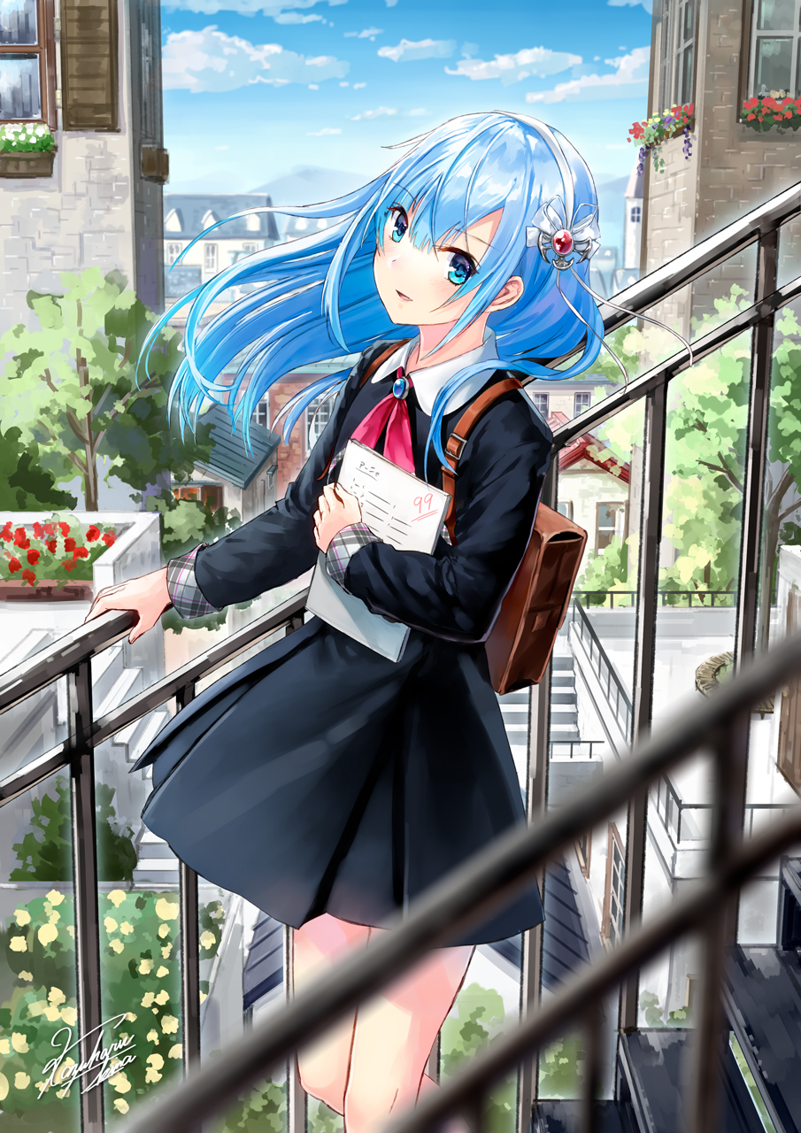 1girl :d bag bangs black_dress blue_eyes blue_hair blue_sky blurry blush building clouds cowboy_shot day depth_of_field dress eyebrows_visible_through_hair floating_hair from_side gem hairband hand_on_railing highres holding house kazuharu_kina long_hair long_sleeves looking_at_viewer looking_to_the_side neck_ribbon open_mouth original pink_neckwear pink_ribbon ribbon school_bag school_briefcase shiny shiny_hair simple_background sky sleeve_cuffs smile solo stairs standing tareme test town tree v-shaped_eyebrows white_hairband wind window