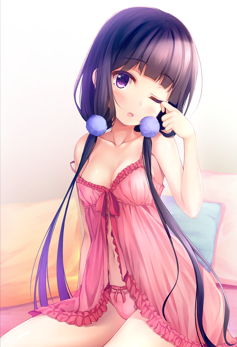 1girl black_hair blend_s blush breasts cleavage collarbone hair_over_shoulder highres lingerie long_hair looking_at_viewer low_twintails negligee one_eye_closed open_mouth panties pasdar pink_panties rubbing_eyes sakuranomiya_maika sitting small_breasts solo strap_slip twintails underwear underwear_only very_long_hair violet_eyes