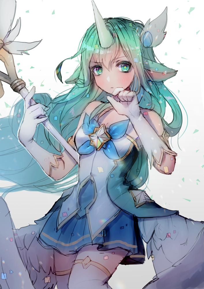 1girl angel_wings blush cowboy_shot elbow_gloves gloves green_eyes green_hair hair_ornament half-closed_eyes hanato_(seonoaiko) horns league_of_legends long_hair looking_at_viewer magical_girl pointy_ears simple_background skirt solo soraka staff star_guardian_soraka symbol-shaped_pupils thigh-highs white_background wings zettai_ryouiki