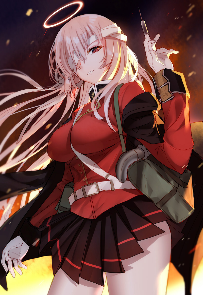 1girl bandage_over_one_eye belt bison_cangshu breasts coat fate/grand_order fate_(series) florence_nightingale_(fate/grand_order) gloves halo holding_syringe large_breasts long_sleeves military military_jacket military_uniform pantyhose pink_hair pleated_skirt red_eyes skirt solo syringe uniform white_belt white_gloves white_legwear