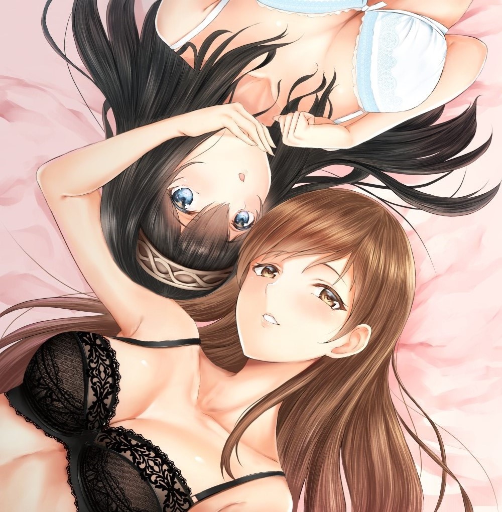2girls arm_up bangs bare_shoulders black_bra black_hair blue_eyes blush bra breasts brown_eyes brown_hair cleavage collarbone commentary_request hair_between_eyes hairband hand_on_another's_chin idolmaster idolmaster_cinderella_girls irohakaede lace lace-trimmed_bra long_hair lying medium_breasts multiple_girls nitta_minami on_back on_bed open_mouth parted_lips sagisawa_fumika swept_bangs underwear white_bra