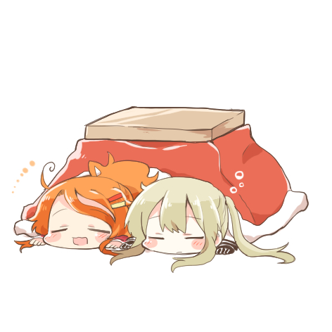 2girls aquila_(kantai_collection) blonde_hair closed_eyes graf_zeppelin_(kantai_collection) hair_ornament hairclip high_ponytail kantai_collection kotatsu long_hair lowres multiple_girls open_mouth orange_hair rebecca_(keinelove) short_hair sidelocks simple_background sleeping table twintails under_kotatsu under_table white_background