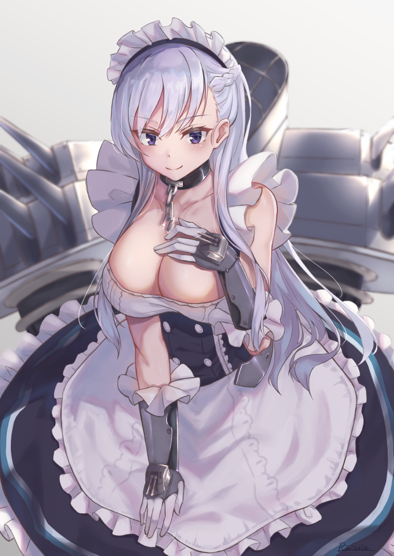 1girl azur_lane bangs belfast_(azur_lane) blue_eyes blush braid breasts chains cleavage collar collarbone commentary_request eyebrows_visible_through_hair french_braid gloves large_breasts long_hair looking_at_viewer maid maid_headdress razaria silver_hair smile solo turret