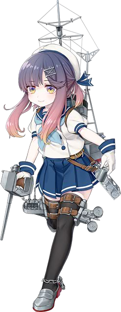 1girl akasaka_yuzu black_legwear blue_neckwear blue_sailor_collar blue_skirt brown_eyes depth_charge depth_charge_projector gloves gradient_hair hat kantai_collection long_hair machinery multicolored_hair neckerchief official_art pleated_skirt puffy_short_sleeves puffy_sleeves purple_hair rigging sailor_collar sailor_hat school_uniform serafuku short_sleeves simple_background skirt smile solo thigh-highs transparent_background tsushima_(kantai_collection) turret white_background white_gloves white_hat zettai_ryouiki