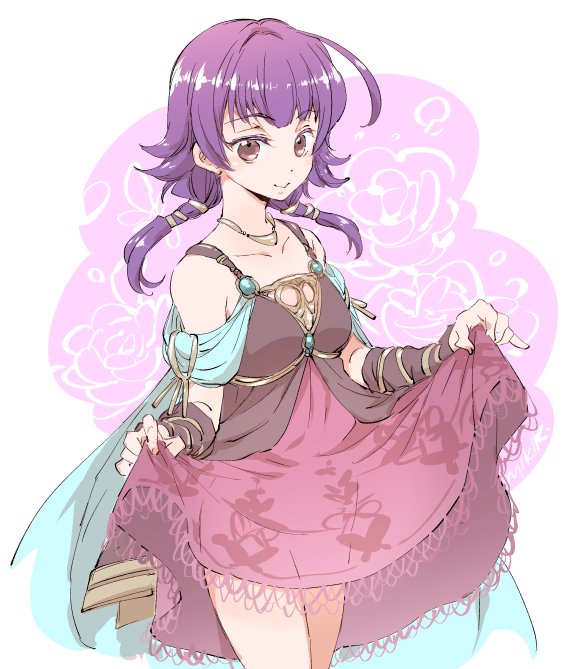 1girl braiding_hair dress dress_lift fire_emblem fire_emblem:_seima_no_kouseki hairdressing kizuki_miki looking_at_viewer lute_(fire_emblem) purple_hair smile solo