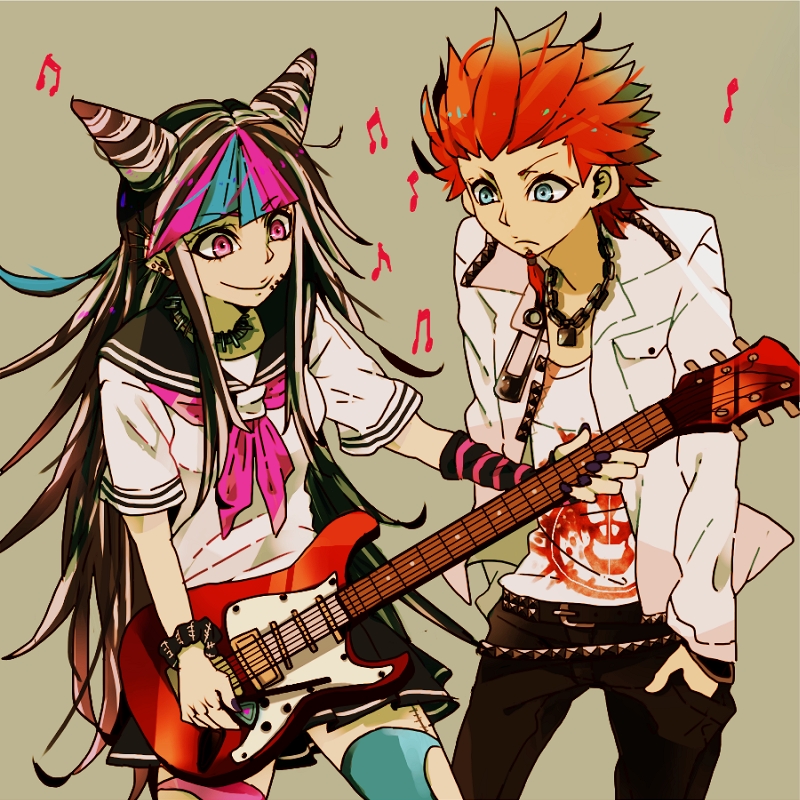 1boy 1girl bangs belt black_hair blue_eyes blue_hair blunt_bangs choker dangan_ronpa double_bun ear_piercing earrings facial_hair fingerless_gloves goatee guitar guitar_pick hands_in_pockets jacket kuwata_leon long_hair mioda_ibuki multicolored_hair musical_note nail_polish necklace piercing pink_eyes pink_hair purple_nails red_hair safety_pin school_uniform scrunchie serafuku short_hair simple_background single_glove smile spikes spiky_hair streaked_hair striped_gloves studded_belt super_dangan_ronpa_2 thighhighs torn_thighhighs white_hair wrist_scrunchie