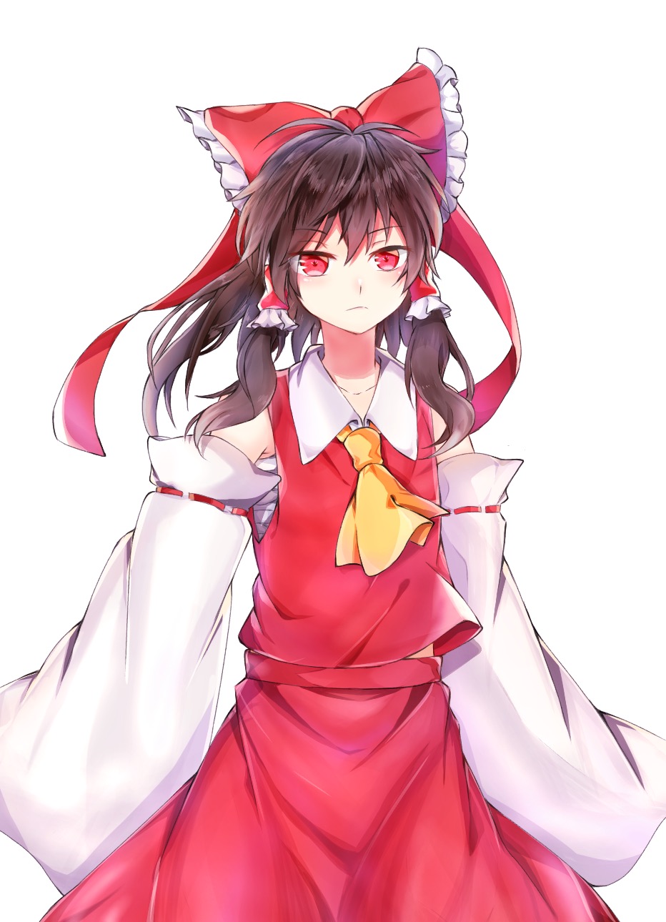 1girl alternate_eye_color ascot bow brown_hair commentary detached_sleeves hair_tubes hakurei_reimu highres kagaribino long_sleeves looking_at_viewer red_bow red_eyes sarashi solo touhou wide_sleeves yellow_neckwear