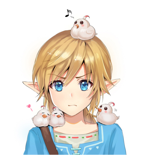 1boy :s animal animal_on_head animal_on_shoulder bangs bird bird_on_head bird_on_shoulder blonde_hair blue_shirt chick_on_head closed_mouth eyebrows_visible_through_hair heart link long_hair looking_at_viewer male_focus musical_note on_head pointy_ears shangguan_feiying shirt simple_background solo the_legend_of_zelda upper_body v-shaped_eyebrows white_background