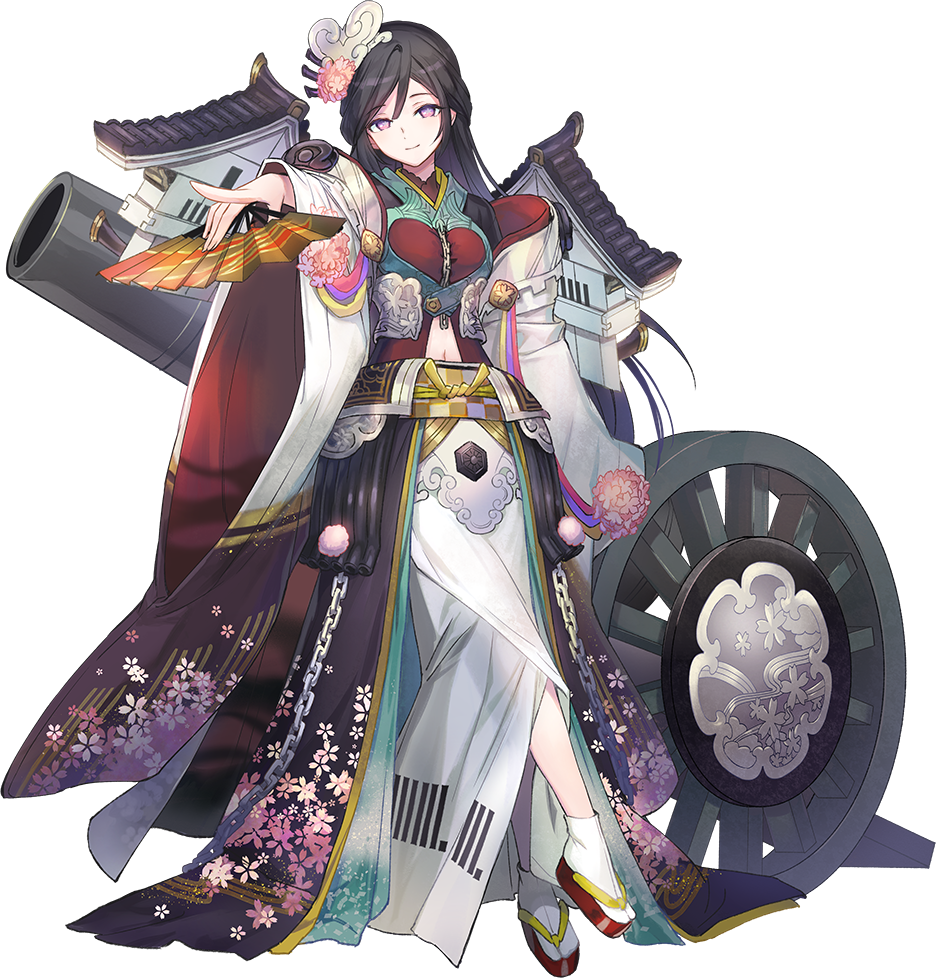 1girl architecture artist_request black_hair cannon castle cherry_blossoms dress east_asian_architecture fan flower full_body hair_between_eyes hair_flower hair_ornament holding holding_fan kokura_(oshiro_project) long_hair looking_at_viewer official_art oshiro_project oshiro_project_re smile solo very_long_hair violet_eyes