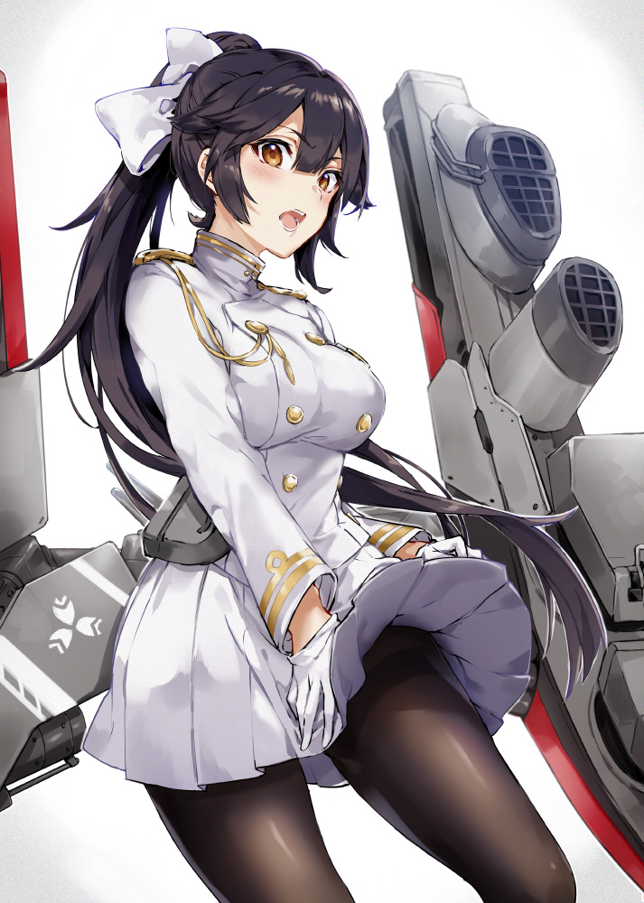 1girl aiguillette arisaka_ako azur_lane bangs black_hair black_legwear bow breasts commentary commentary_request dress gloves hair_bow high_ponytail large_breasts long_hair long_sleeves looking_at_viewer military military_uniform miniskirt open_mouth pantyhose pleated_skirt ponytail revision rigging sidelocks simple_background skirt solo takao_(azur_lane) teeth thighband_pantyhose uniform very_long_hair white_bow white_dress wind wind_lift yellow_eyes