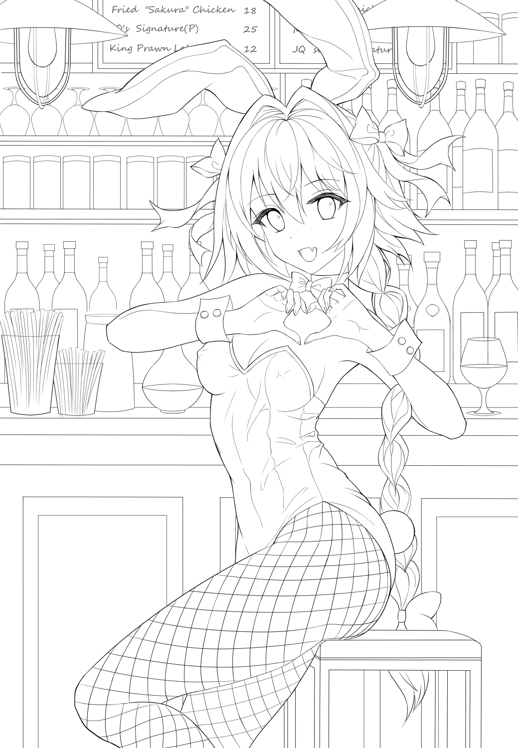 1girl aaeru animal_ears bangs bar bottle braid breasts cup day drinking_glass eyebrows_visible_through_hair fang fate/apocrypha fate_(series) fishnet_pantyhose fishnets from_side genderswap genderswap_(mtf) hair_between_eyes hair_intakes heart heart_hands highres indoors leotard lineart long_hair looking_at_viewer open_mouth pantyhose rabbit_ears rider_of_black sidelocks single_braid sitting small_breasts smile solo very_long_hair wine_bottle wine_glass wrist_cuffs