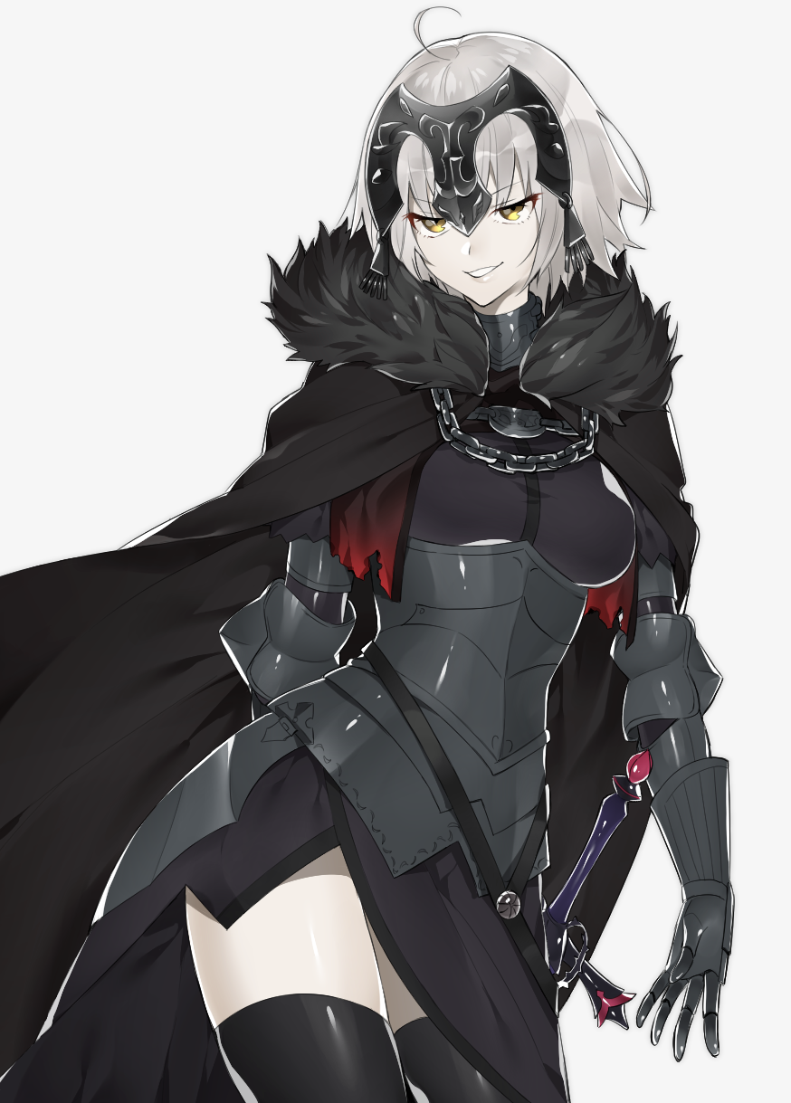 1girl ahoge armor cape fate/grand_order fate_(series) fur_trim gauntlets gloves highres jeanne_alter looking_at_viewer ruler_(fate/apocrypha) short_hair silver_hair sino42 solo thigh-highs yellow_eyes