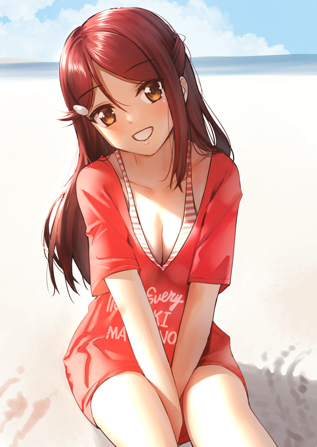 1girl beach between_legs bikini bikini_top breasts brown_eyes cleavage day eyebrows_visible_through_hair hair_ornament half_updo hand_between_legs head_tilt horizon long_hair love_live! love_live!_sunshine!! medium_breasts nagareboshi outdoors redhead sakurauchi_riko shirt single_sidelock sitting smile solo striped t-shirt teeth v-neck