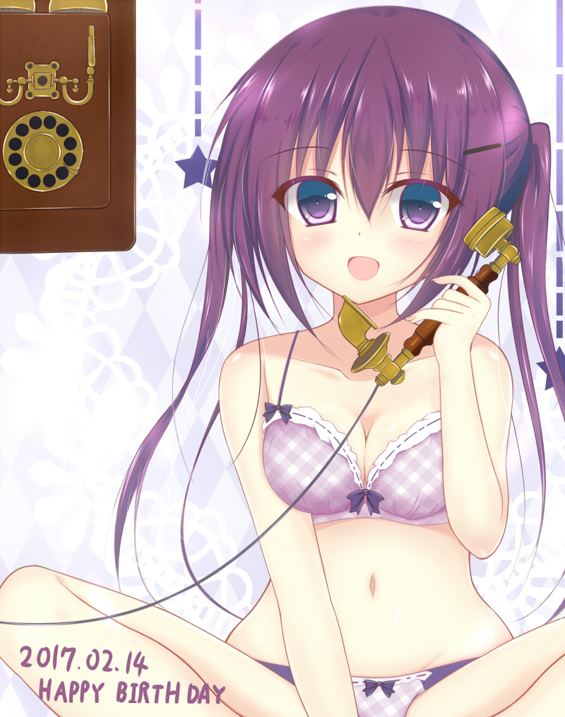 1girl :d argyle argyle_background bangs blush bow bow_bra bow_panties bra breasts cleavage collarbone commentary_request dated english ensaiburi eyebrows_visible_through_hair gochuumon_wa_usagi_desu_ka? groin hair_between_eyes happy_birthday holding holding_phone indian_style long_hair looking_at_viewer medium_breasts navel open_mouth panties phone plaid plaid_bra plaid_panties purple_bra purple_hair purple_panties sitting smile solo star stomach tedeza_rize twintails two-tone_background underwear underwear_only violet_eyes