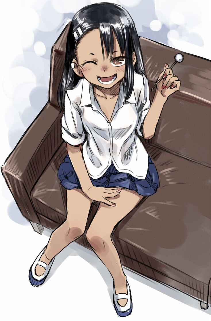 1girl 774_(nanashi) black_hair blush brown_eyes collarbone dark_skin ear_piercing from_above hair_ornament hairclip long_hair looking_at_viewer nagatoro one_eye_closed open_mouth original piercing shirt sitting sleeves_folded_up solo white_shirt