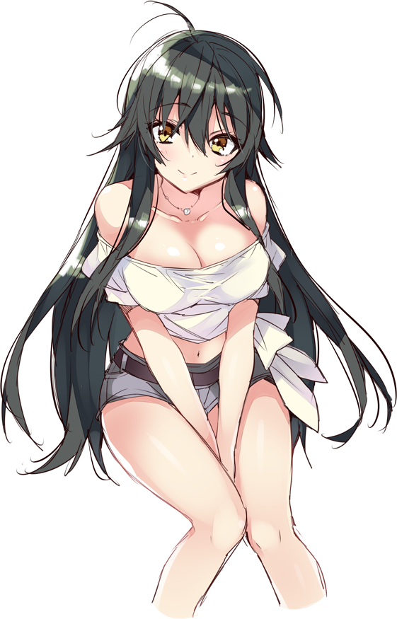 1girl ahoge anapom bare_shoulders black_hair blush breasts cleavage closed_mouth collarbone hair_between_eyes jewelry large_breasts long_hair looking_at_viewer navel necklace off-shoulder_shirt original shirt short_shorts shorts smile solo stomach v_arms very_long_hair white_shirt yellow_eyes