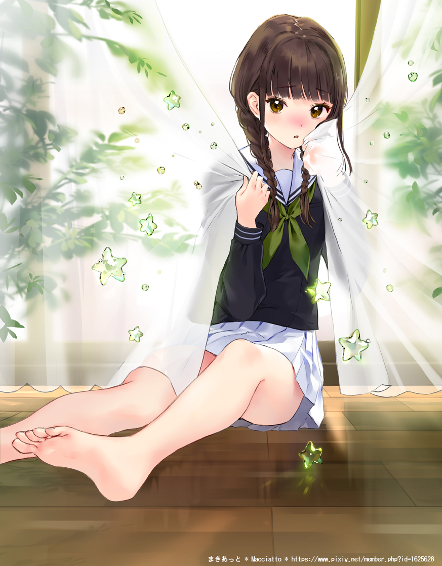 1girl artist_name bangs barefoot blunt_bangs blush braid brown_eyes brown_hair commentary curtain_grab curtains eyebrows_visible_through_hair full_body green_neckwear indoors long_hair looking_at_viewer macciatto_(aciel02) neckerchief no_shoes open_mouth original pleated_skirt sailor_collar school_uniform serafuku sidelocks sitting skirt solo star twin_braids watermark web_address white_skirt