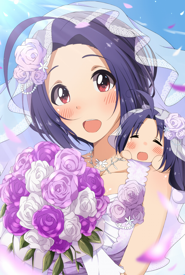 1girl ahoge blush bouquet bridal_veil chibi closed_eyes dress eyebrows_visible_through_hair flower gloves hitotsuki_nanoka idolmaster jewelry looking_at_viewer miura-san miura_azusa necklace open_mouth petals puchimasu! purple_hair red_eyes rose veil wedding wedding_dress white_gloves