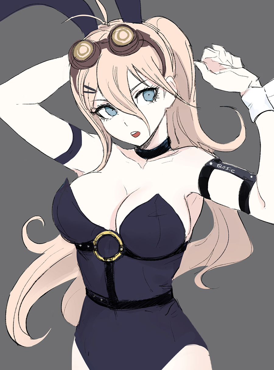 1girl animal_ears blonde_hair blue_eyes breasts bunnysuit choker cleavage dangan_ronpa hair_ornament hairclip highres iruma_miu long_hair new_dangan_ronpa_v3 ponytail qosic rabbit_ears simple_background solo