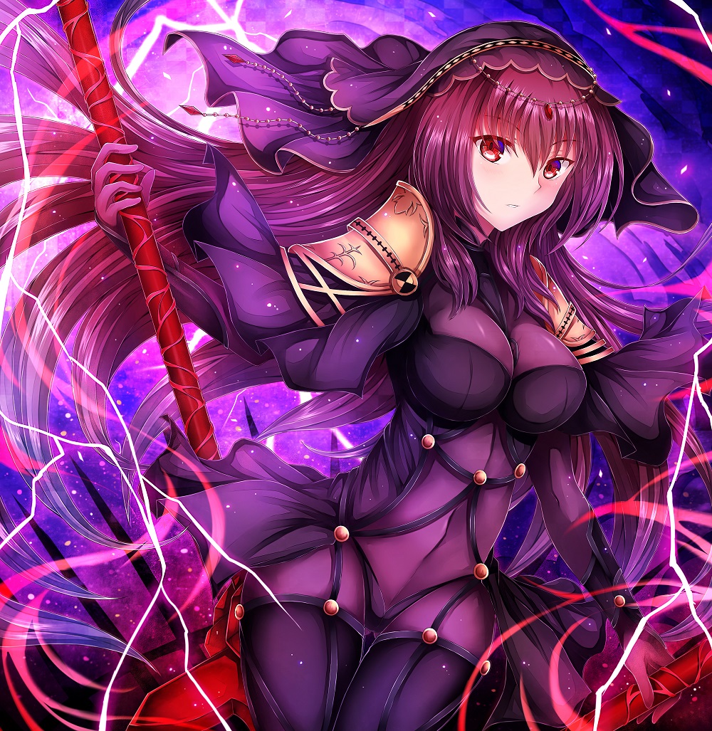 1girl bangs bodysuit breasts covered_navel cowboy_shot fate/grand_order fate_(series) gae_bolg holding holding_weapon large_breasts long_hair looking_at_viewer parted_lips pauldrons purple_bodysuit purple_hair red_eyes scathach_(fate/grand_order) soda_(sodachuxd) solo veil weapon