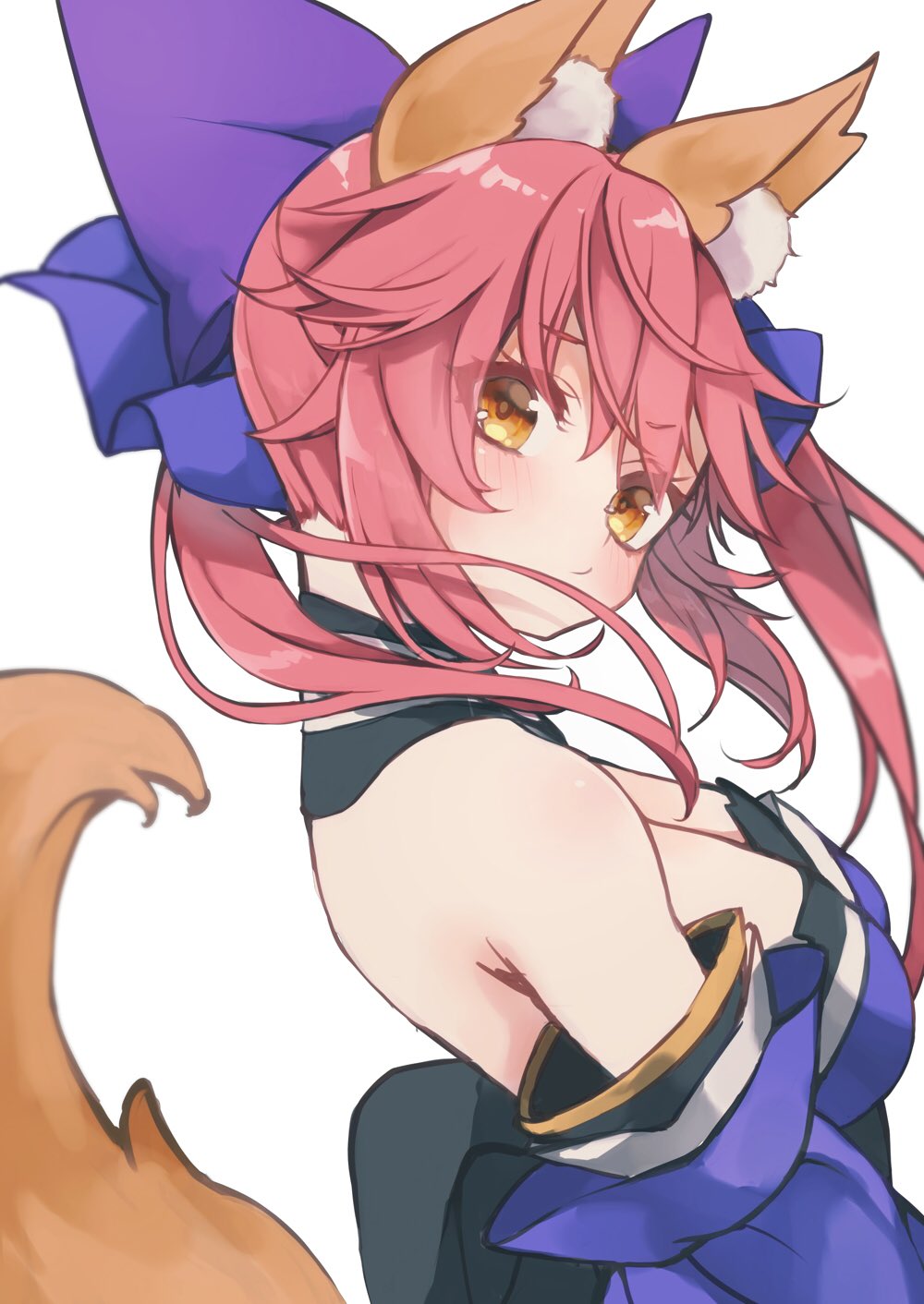 1girl animal_ears blush breasts fate/extra fate/extra_ccc fate/grand_order fate_(series) fox_ears fox_tail highres large_breasts long_hair looking_at_viewer looking_to_the_side pink_hair simple_background solo tail tamamo_(fate)_(all) tamamo_no_mae_(fate) white_background yellow_eyes