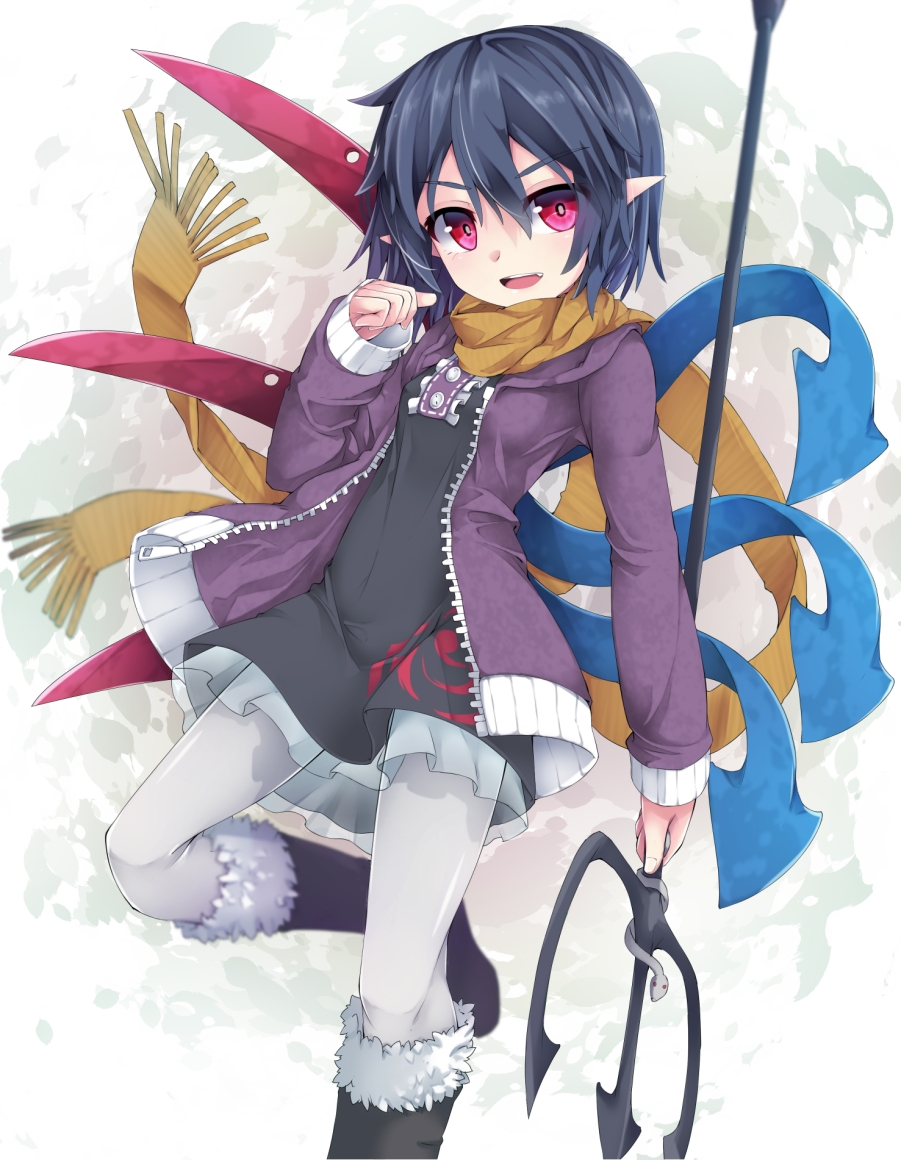 1girl asymmetrical_wings black_hair commentary_request holding holding_weapon houjuu_nue jacket looking_at_viewer open_mouth pointy_ears polearm purple_jacket red_eyes scarf short_hair touhou trident uumaru weapon wings