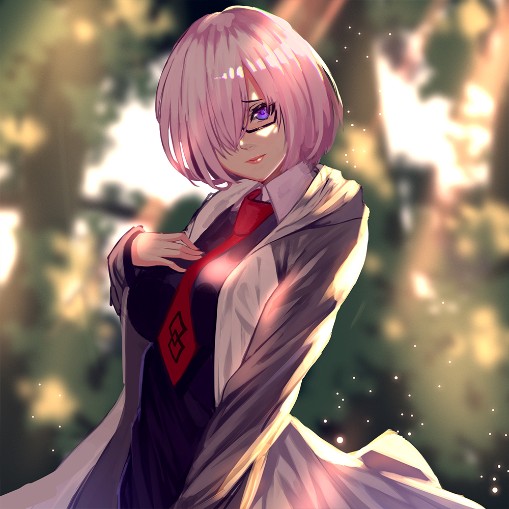 1girl black-framed_eyewear black_dress blurry breasts closed_mouth depth_of_field dress fate/grand_order fate_(series) glasses hair_over_one_eye hood hoodie lavender_hair long_sleeves looking_at_viewer medium_breasts open_clothes open_hoodie red_neckwear shielder_(fate/grand_order) shiodango short_hair solo sunlight upper_body violet_eyes