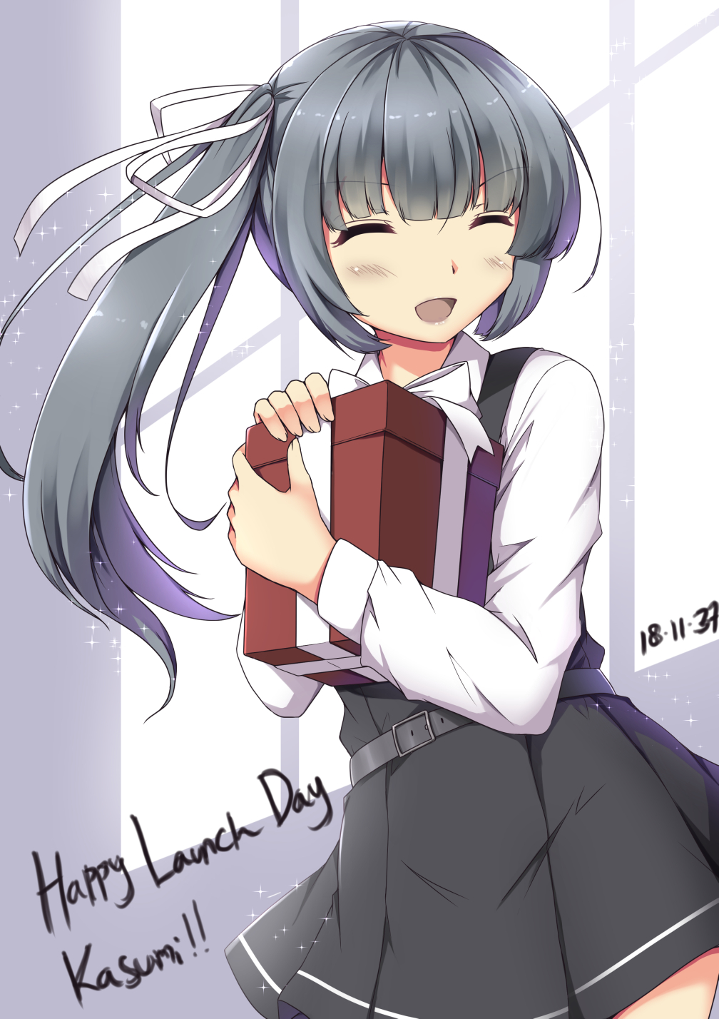 1girl ^_^ ^o^ bangs belt_buckle black_belt black_dress blush buckle closed_eyes commentary cowboy_shot dated day dress english eyebrows_visible_through_hair gift grey_hair hair_ribbon highres holding holding_gift kantai_collection kasumi_(kantai_collection) long_hair long_sleeves object_hug open_mouth pinafore_dress pleated_dress remodel_(kantai_collection) ribbon sheita shiny shiny_hair shirt shoes side_ponytail sleeveless sleeveless_dress solo sparkle standing sunlight white_ribbon white_shirt window_shade