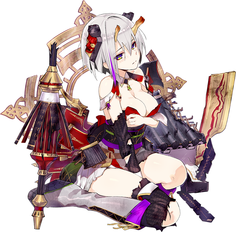 1girl azuchi_(oshiro_project) bare_shoulders black_legwear breasts cleavage covering covering_breasts eyebrows_visible_through_hair full_body fuyuno_yuuki hair_ornament hand_on_own_chest official_art oshiro_project oshiro_project_re platform_boots platform_footwear pleated_skirt seiza short_hair sitting skirt solo transparent_background violet_eyes white_hair white_skirt